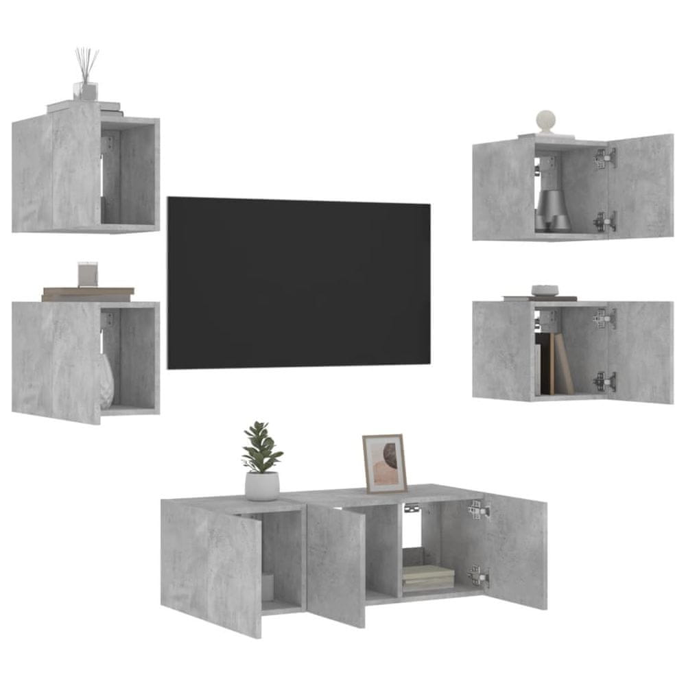 Vidaxl 6-dielne TV nástenné skrinky s LED betónovo sivé kompozit.drevo
